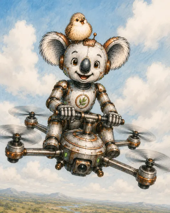 The Koala Embedded mascot flying a large brass and steel quadcopter above open country.