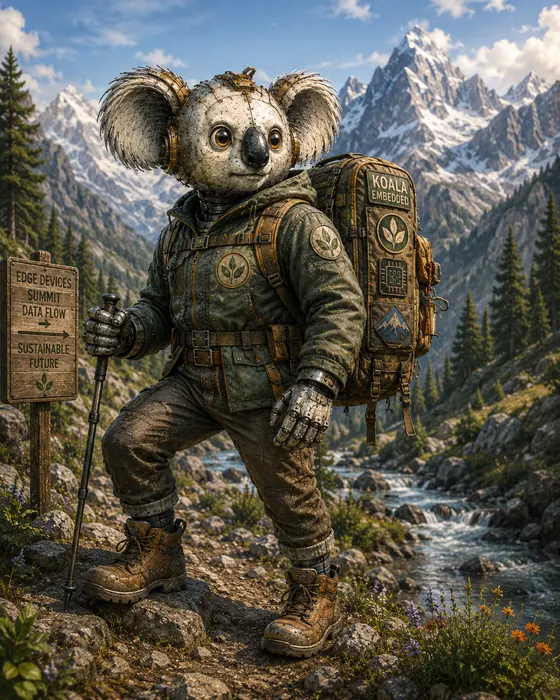 The Koala Embedded mascot hiking a mountain trail with a full field pack and walking poles.