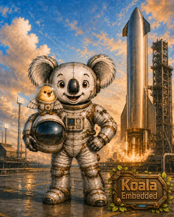 The Koala Embedded mascot in a spacesuit standing in front of a rocket on a launch pad at sunrise.