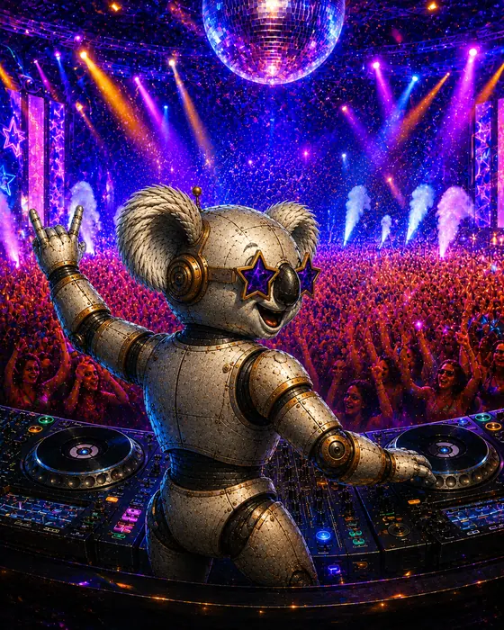 The Koala Embedded mascot behind a mixing desk under stage lights, remixing a track.